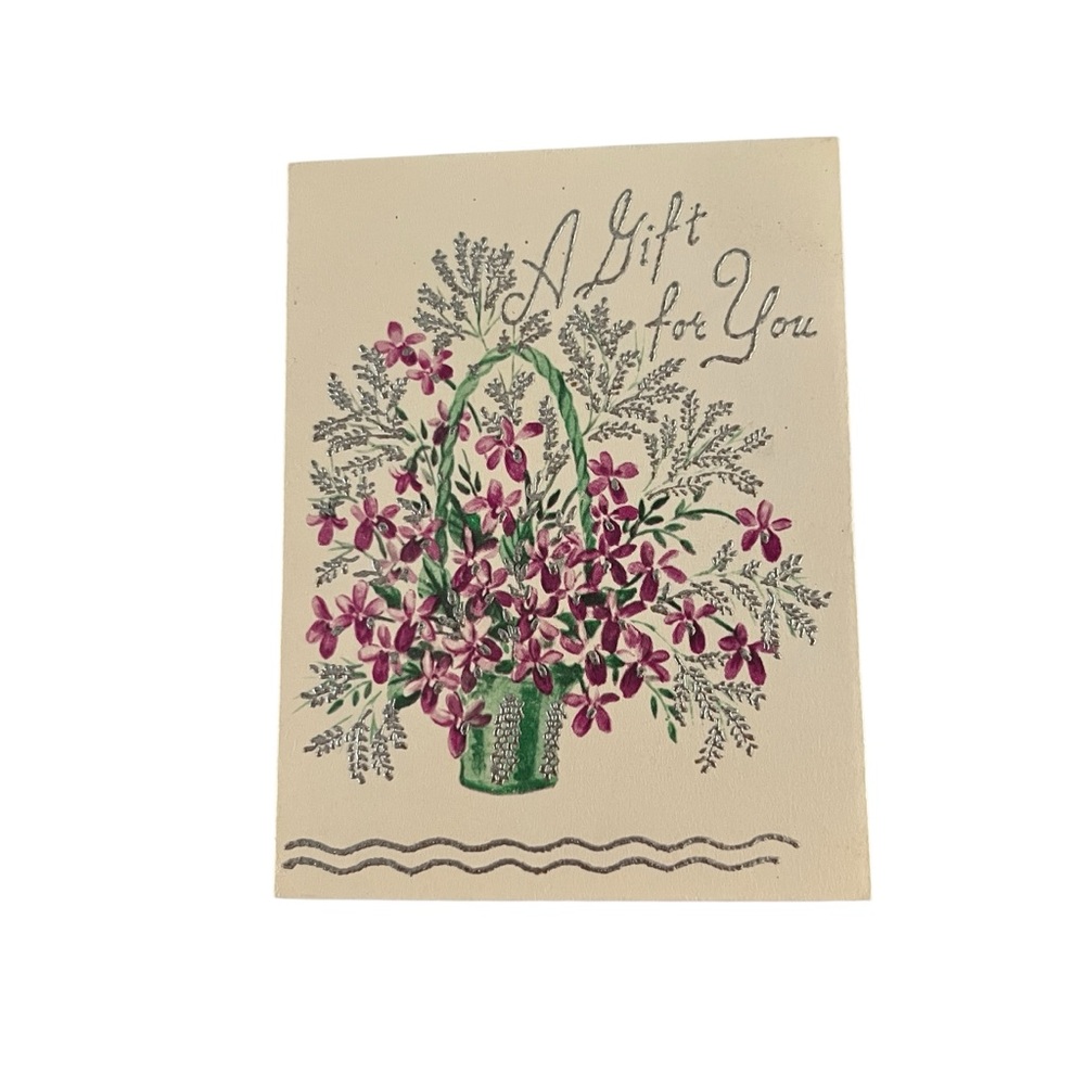 Vintage Unused Greeting Card A Gift For You Green Purple Flowering Plant